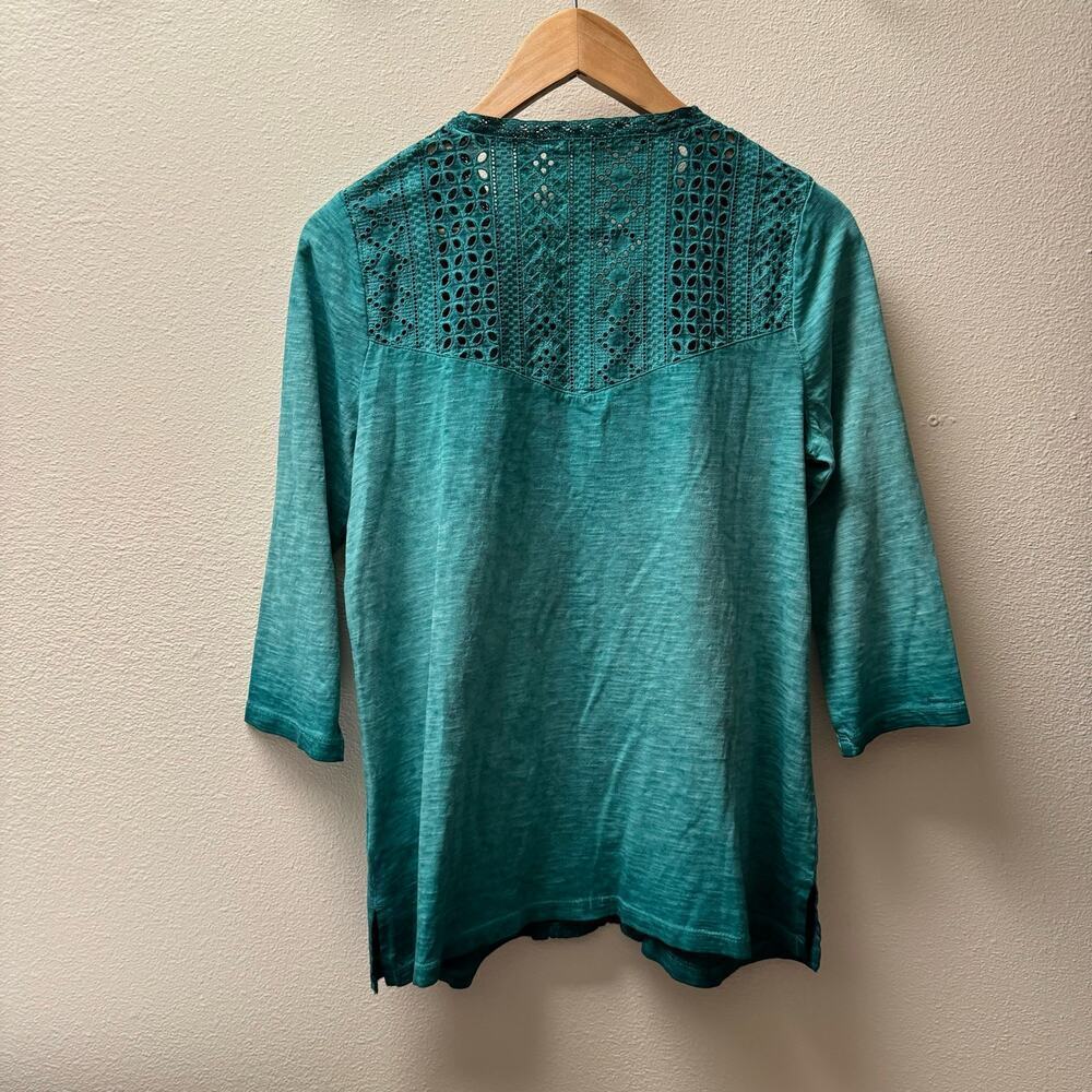 Soft Surroundings Teal Eyelet Knit Boho V-cut Quarter Sleeves Top Women's sz S - Picture 5 of 10
